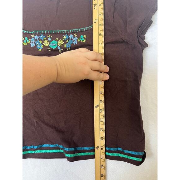 August Silk Brown Embroidered Short Sleeve Sweater Top Y2K sz XL Phoebe Buffay - Picture 6 of 7